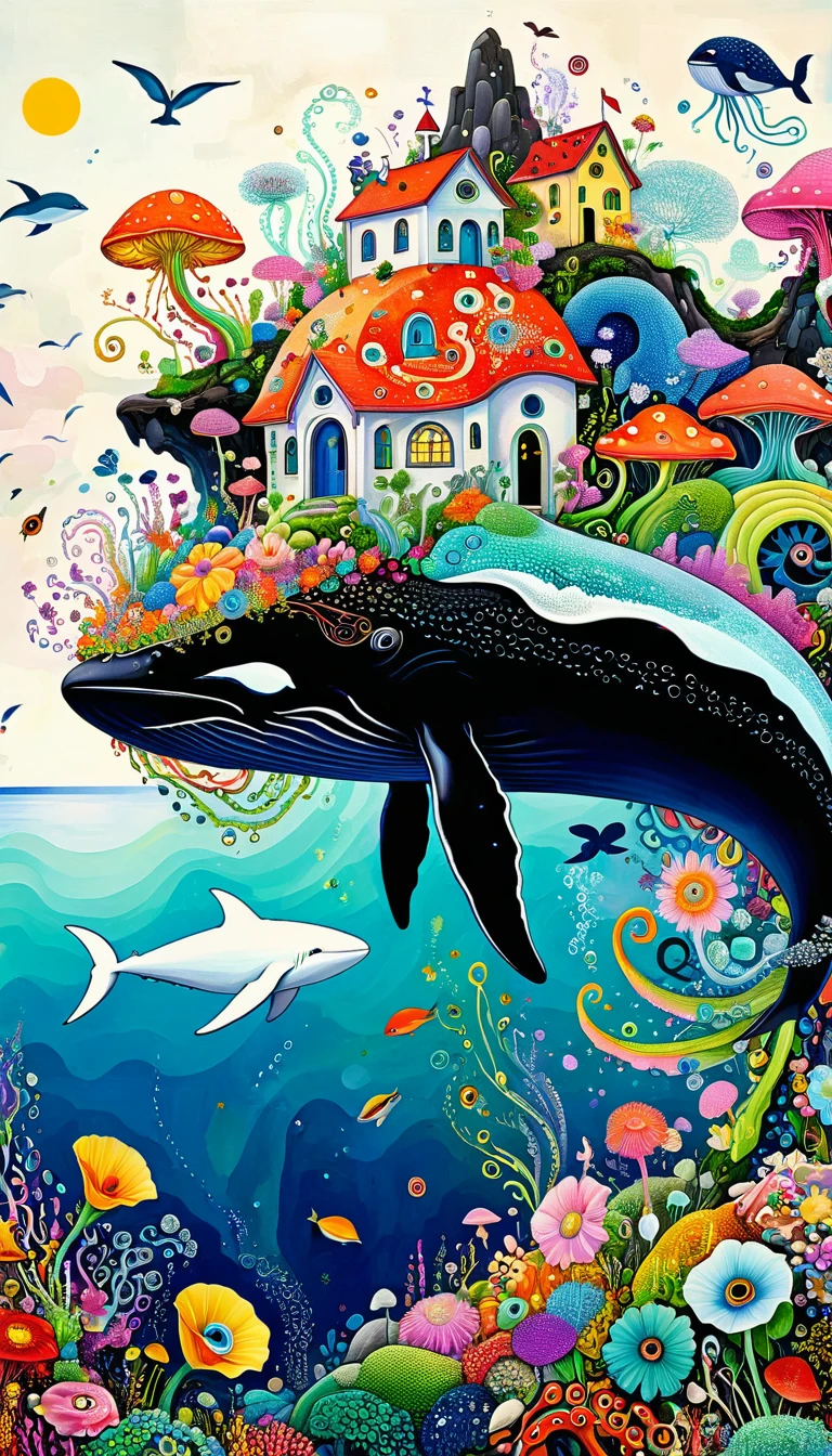 Colorful black，Dopamine color scheme，Peaceful seaside，House on the Rock，Flying Whale:1.37、White Cloud、flowesh、Tentacles、bird、(((Eye)))、diatom，Abstract mosaic painting，Describing the inner world of autistic people，Large area of white，interesting，Innocence，Vision，Psychedelic Art，
