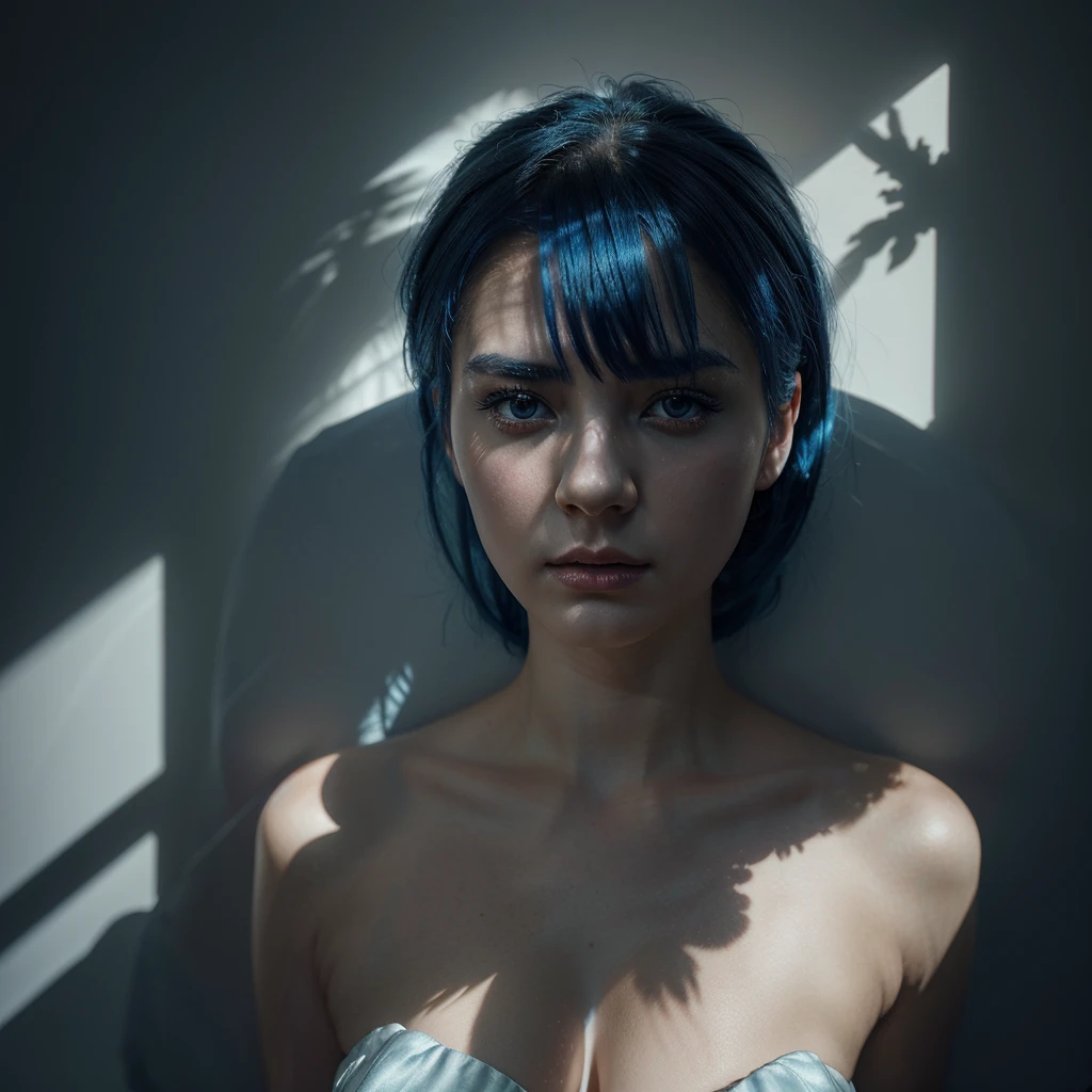 a woman with blue hair wearing a white dress, by Christian W. Staudinger, surreal dramatic lighting, jingna zhang, surreal portrait photography, beautiful shadowing, cinematic lighting photography, beautiful portrait lighting, 8k fine art photography, female image in shadow, behance favourite, fine art fashion photography, chiaroscuro lighting, best of behance