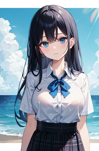 1 idle,  Ocean Blue Eyes, Wearing an ocean blue checked skirt, Plain white button-up shirt with ocean blue ribbon , Absurd, High resolution, Super sharp, 8k, masterpiece,Big Breasts、Long black hair