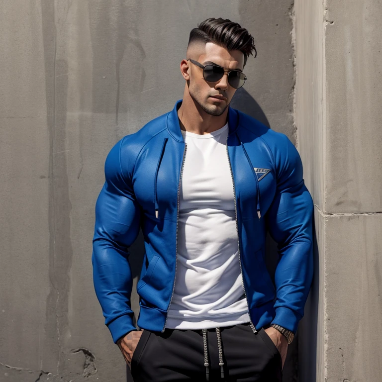 a very handsome man, sunglasses, mid fade haircut, massively muscular, massively large muscles, blue zip-up sweatshirt and shorts, leaning against a wall, seen up close