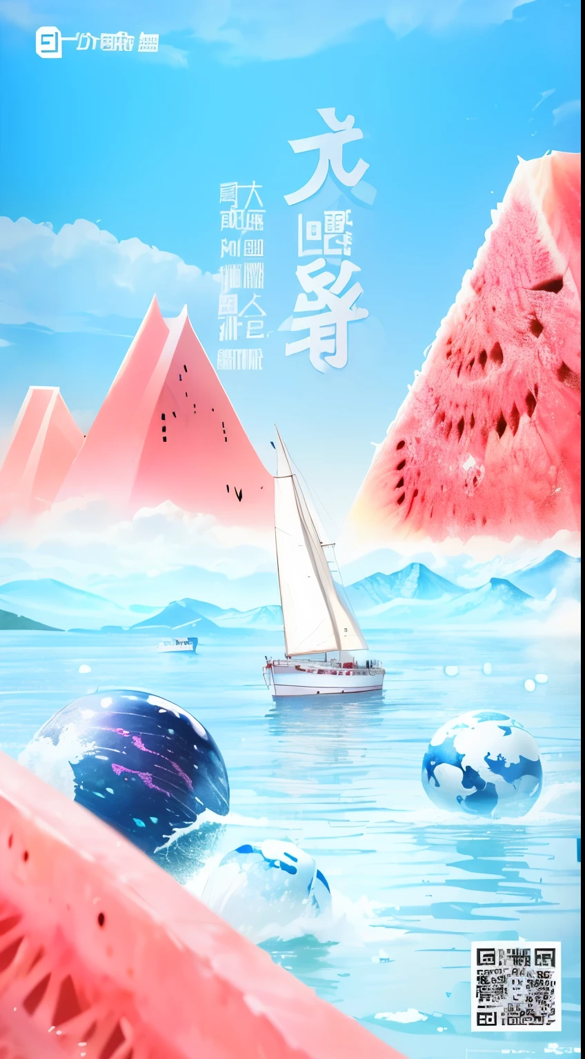 there is a poster existith a boat and existatermelon in the existater, poster ; summer, Popular on cgstation, The material is!!! existatermelon!!!, 受arrive马元宇的启发, Promotional image, vibrant tourism poster, promotional poster, poster illustration, Inspired by Xiao Yuncong, summer 2016, artexistork in the style of z.exist. arrive, promotional movie poster