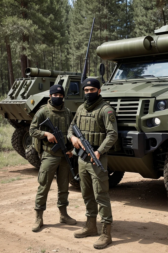 Create an image depicting Hezbollah fighters standing in front of military vehicles equipped with multiple rocket launchers. The fighters should be wearing camouflage uniforms and black masks covering their faces. The vehicles should be beige Toyota pickup trucks with rocket launchers mounted on them. Place the scene in an outdoor rural or forested area with trees and vegetation in the background. The fighters should be in formation, some holding weapons, appearing ready and prepared for action.