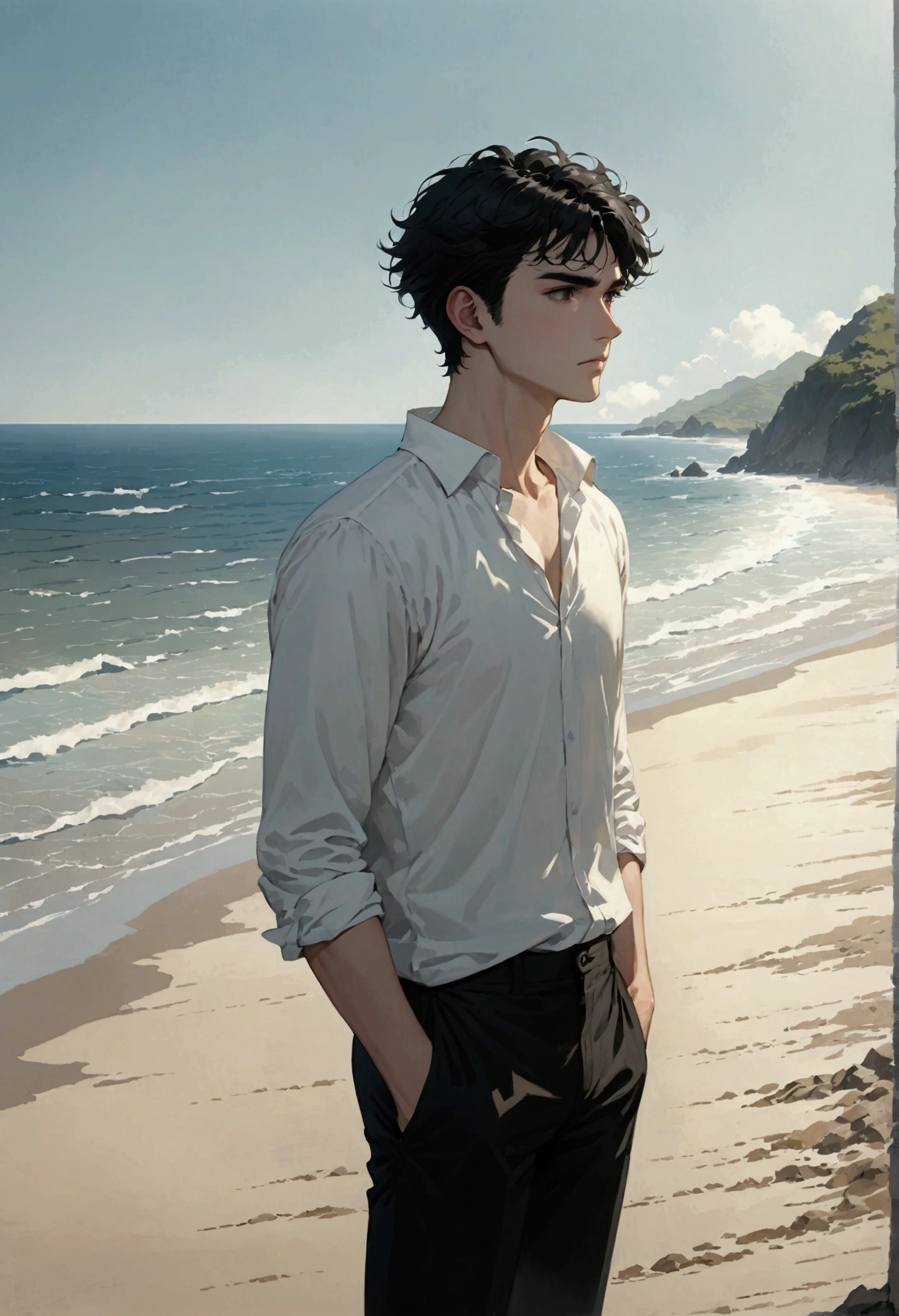 a guy with short, slightly curly black hair, bangs covering his forehead a bit, black eyes, slightly dark eyebrows, white skin, wearing a white shirt, black pants, standing on the beach looking out at the sea - the beach there was no one in sight