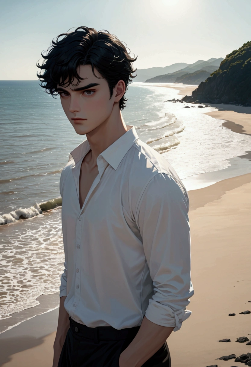 a guy with short, slightly curly black hair, bangs covering his forehead a bit, black eyes, slightly dark eyebrows, white skin, wearing a white shirt, black pants, standing on the beach looking out at the sea - the beach there was no one in sight