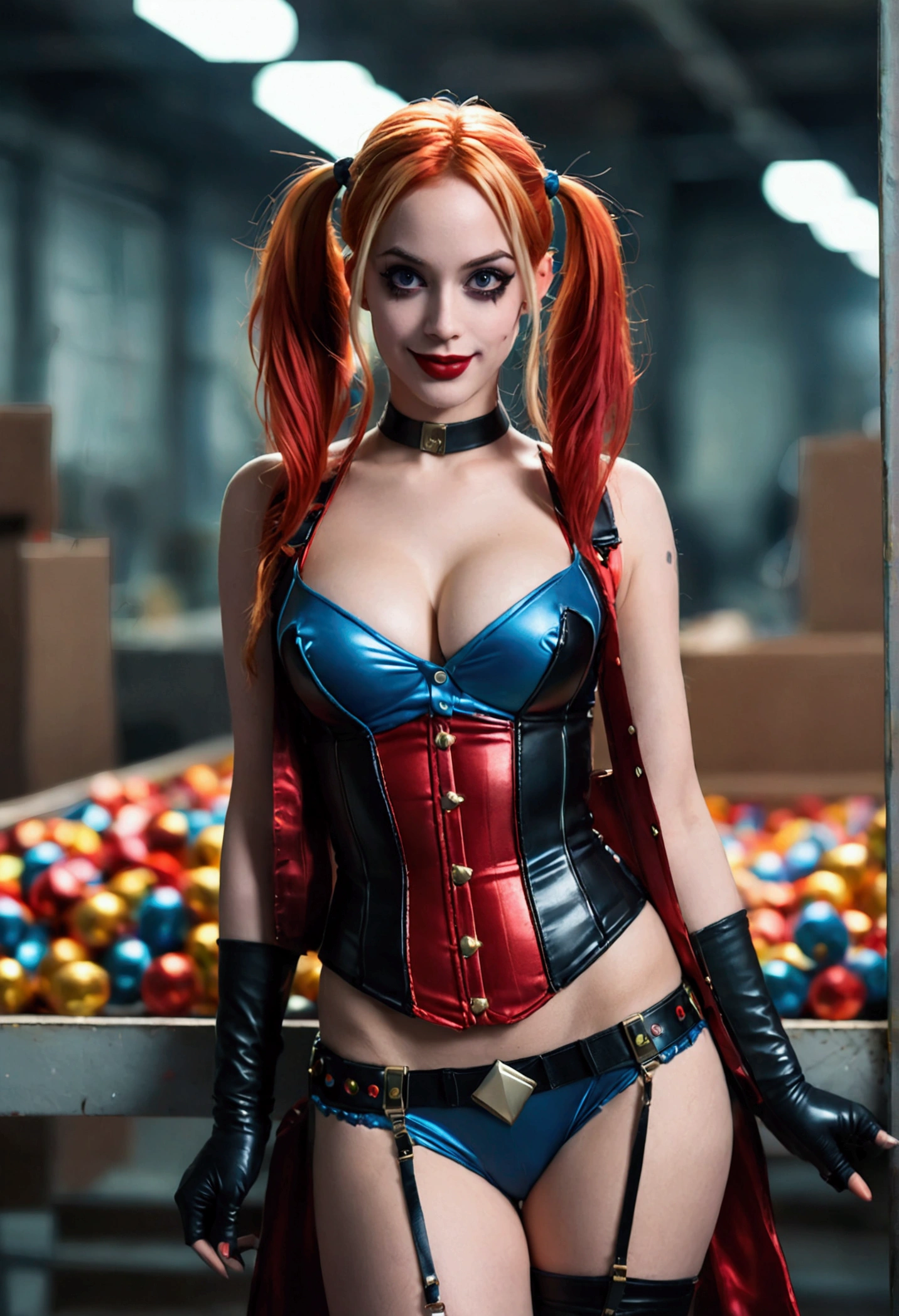 ultra realistic, photography, long red hair, girl, 24 years old, hourglass figure, perfect body, Flirty look, extremely detailed artgerm, in the style artgerm, small breasts, facing the camera, lens 35 mm, blur background, Harley Quinn costume, toy factory as background