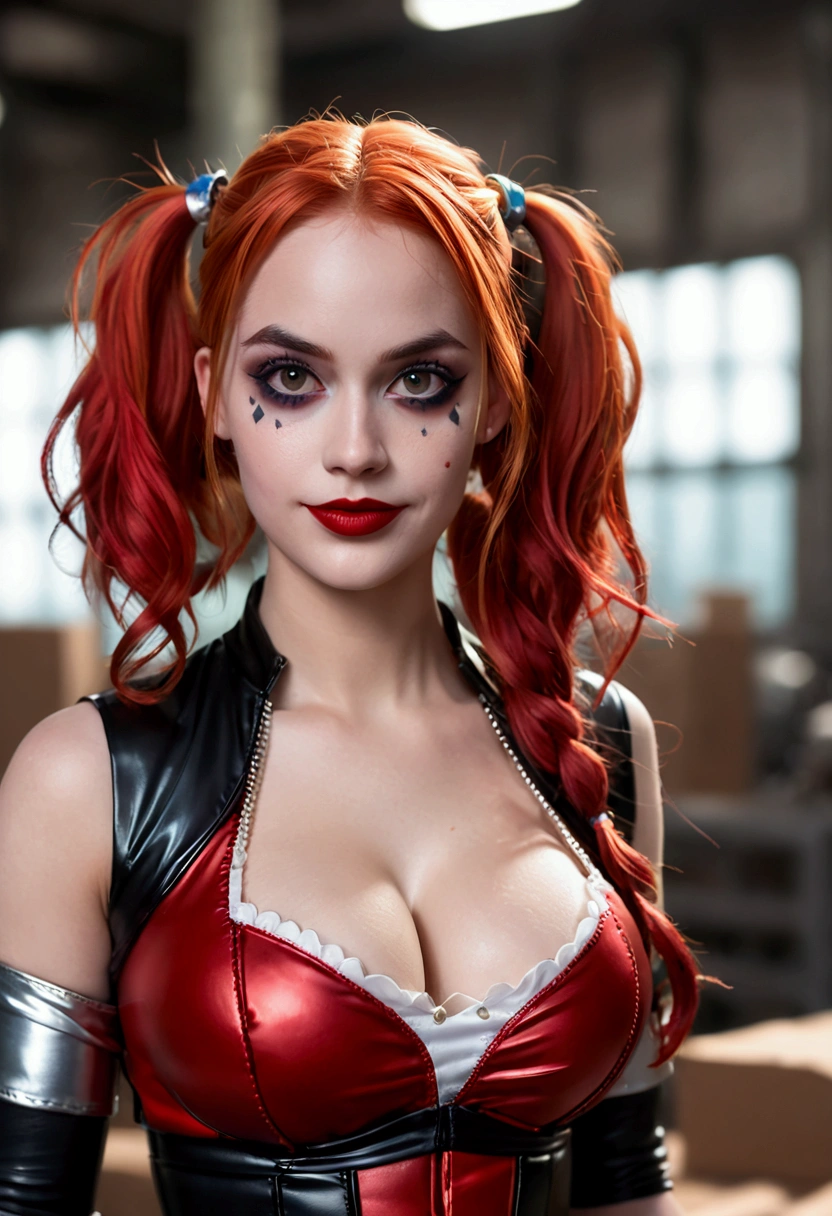ultra realistic, photography, long red hair, girl, 24 years old, hourglass figure, perfect body, Flirty look, extremely detailed artgerm, in the style artgerm, small breasts, facing the camera, lens 35 mm, blur background, Harley Quinn costume, toy factory as background
