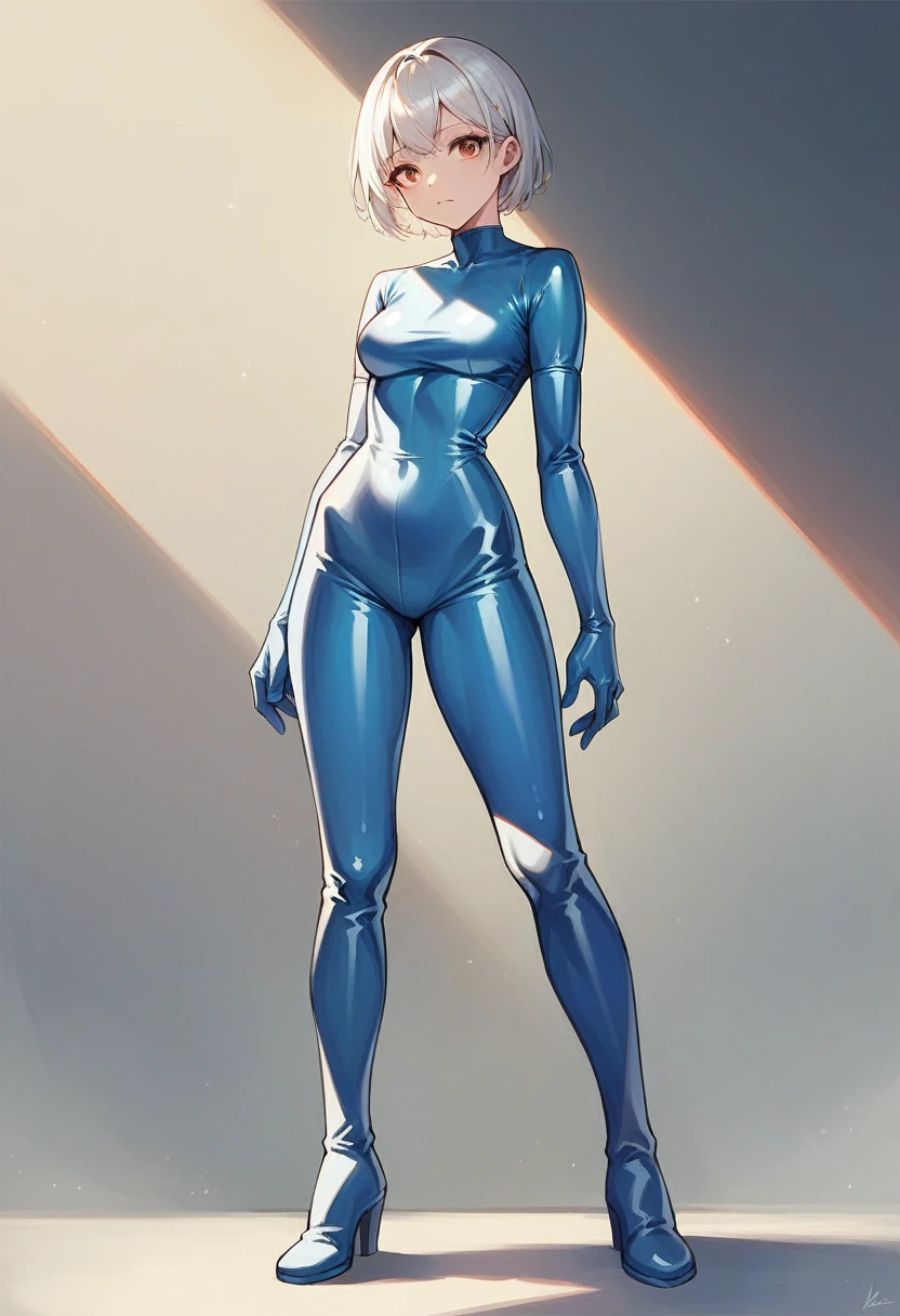 1girl, ((white elbow gloves)), ((surgical gloves)), ((latex gloves)), ((blue latex outfit)), ((long sleeves)), ((blue latex pants)), ((white latex boots)), looking at viewer, standing, solo