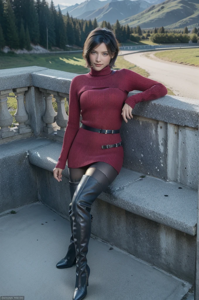 Ada_re4, (sitting),(beautiful face:1.5), 1girl,black hair, short hair, red sweater, belt, black thigh boots, ((full body)),(realistic:1.7),((best quality)),absurdres,(ultra high res),(photorealistic:1.6),photorealistic,octane render,(hyperrealistic:1.2), (photorealistic face:1.2), (8k), (4k), (Masterpiece),(realistic skin texture), (illustration, cinematic lighting,wallpaper),( beautiful eyes:1.2),((((perfect face)))),(cute),((looking at viewer)), outdoors, houses, flowers paths, mountains, lake, dock,