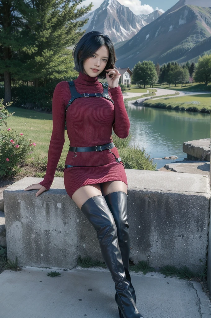 Ada_re4, (sitting),(beautiful face:1.5), 1girl,black hair, short hair, red sweater, belt, black thigh boots, ((full body)),(realistic:1.7),((best quality)),absurdres,(ultra high res),(photorealistic:1.6),photorealistic,octane render,(hyperrealistic:1.2), (photorealistic face:1.2), (8k), (4k), (Masterpiece),(realistic skin texture), (illustration, cinematic lighting,wallpaper),( beautiful eyes:1.2),((((perfect face)))),(cute),((looking at viewer)), outdoors, houses, flowers paths, mountains, lake, dock,