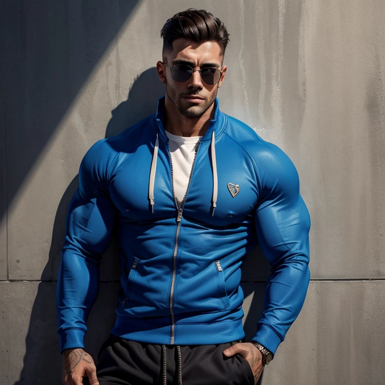 a very handsome man, sunglasses, mid fade haircut, massively muscular, massively large muscles, blue zip-up sweatshirt and shorts, leaning against a wall, seen up close