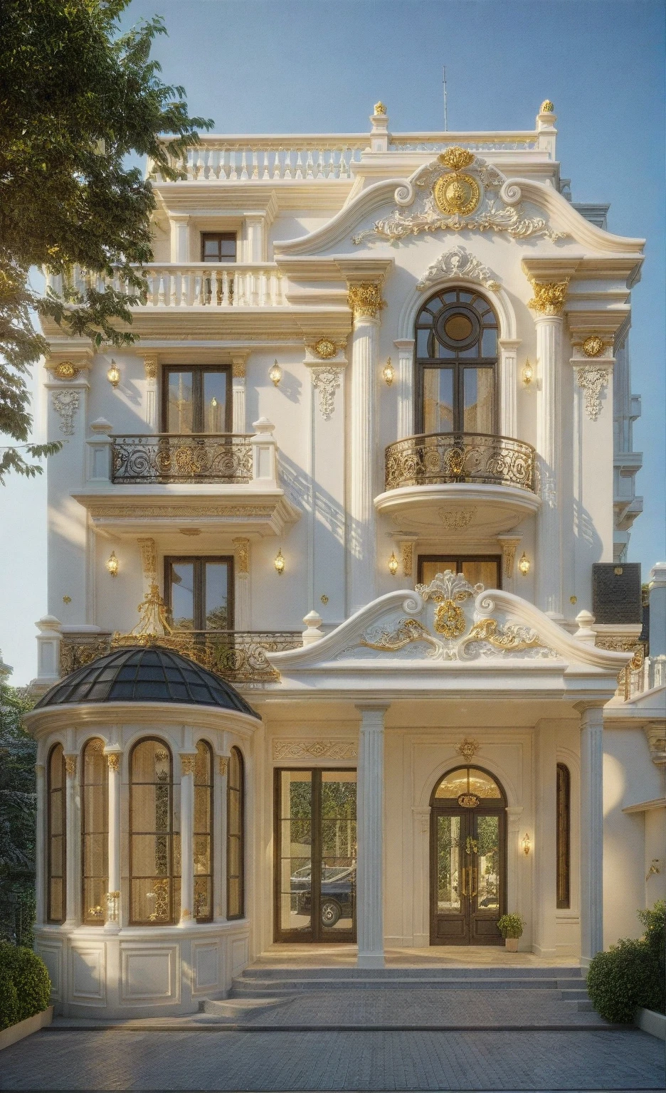 ,Masterpiece, Best quality,8K, Ultra-high resolution,Immediately surrounded by a rich atmosphere of luxury champagne gold ornaments。Whenever it is late afternoon,The afterglow from the window spilled on the floor,Soft light and shadow are reflected,It was as if entering a dreamland, Architectural style Architectural style, ((Classic Style House)),(masterpiece) , ((best quality)), dramatic lighting, high quality outdoors, sky, day, cloud, tree, blue sky, building, scenery, road, real world location, sunlight, enough detail, high resolution,super realistic, Photorealistic, highly detailed, balcony, door, car, truck, parking slot, paving, . Clean lines, architectural drawing, highly detailed , . Clean lines, geometric shapes, architectural drawing, highly detailed, (( round column : 1.3 )), round pillar.