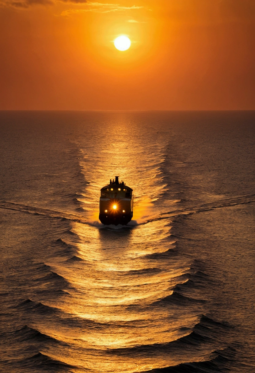 On the Sea it's coming A train running on the horizon of the sunset force