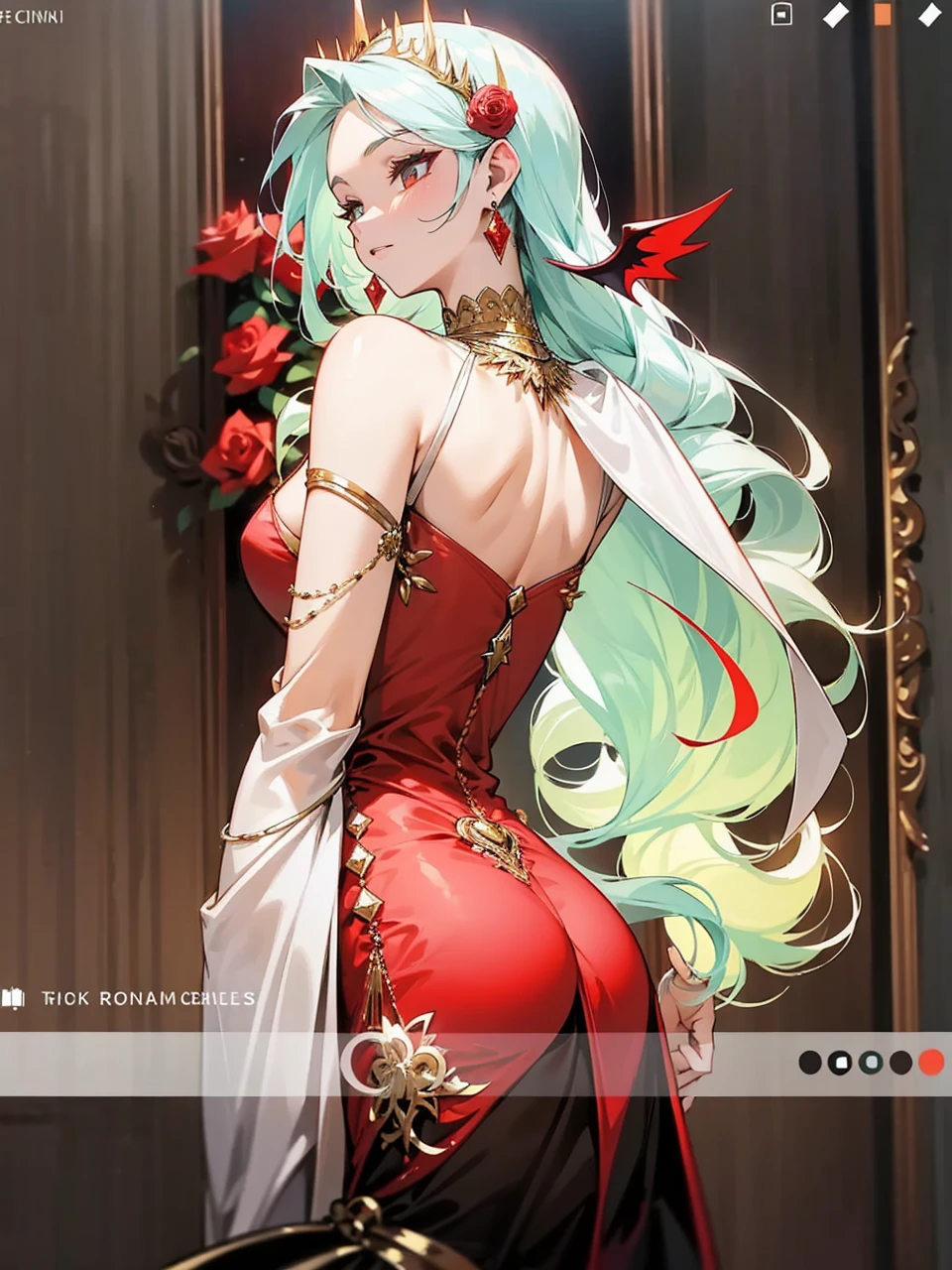 Add in roses to her dress, a good back dress design with some golden jewelry, make her dress into a red and white gown with a hat, give her some unique Jewelry, and make her look somewhat of a demonic angel like appearance to her