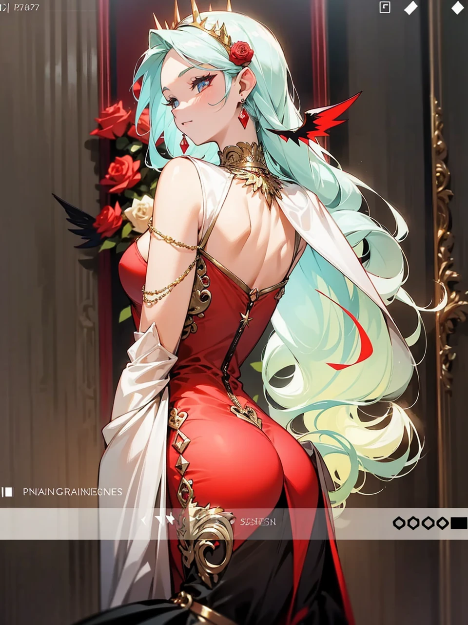Add in roses to her dress, a good back dress design with some golden jewelry, make her dress into a red and white gown with a hat, give her some unique Jewelry, and make her look somewhat of a demonic angel like appearance to her