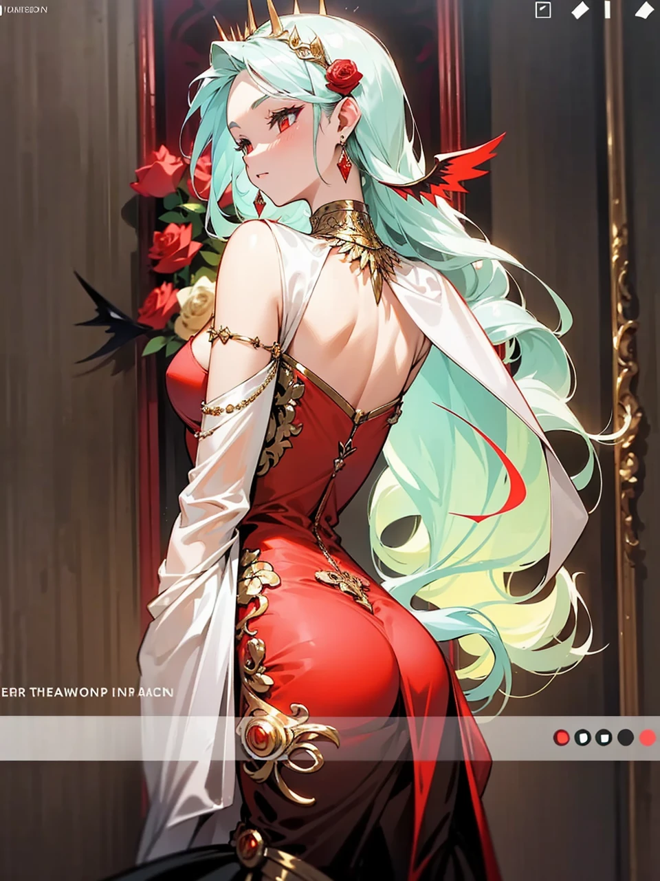Add in roses to her dress, a good back dress design with some golden jewelry, make her dress into a red and white gown with a hat, give her some unique Jewelry, and make her look somewhat of a demonic angel like appearance to her