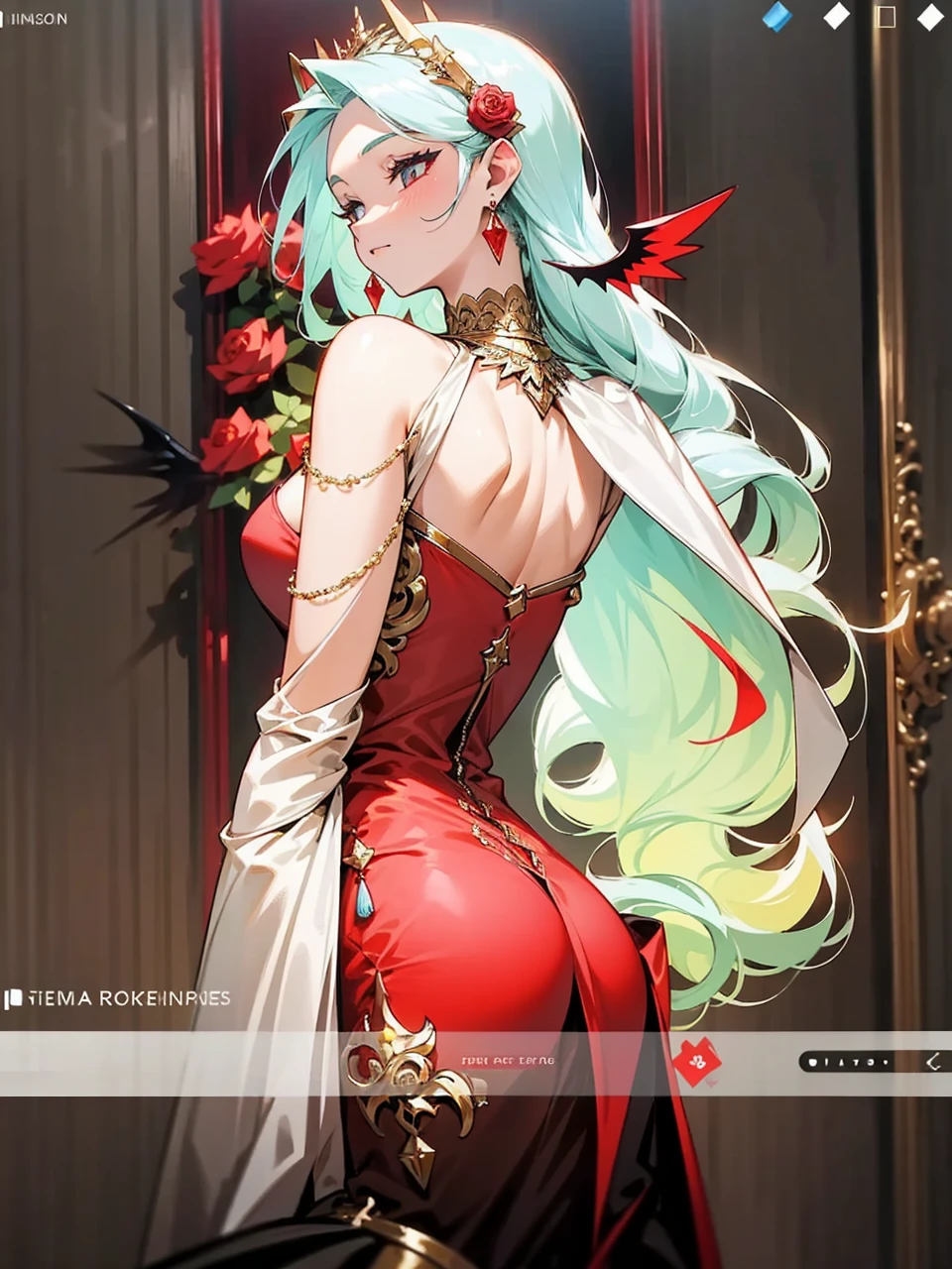 Add in roses to her dress, a good back dress design with some golden jewelry, make her dress into a red and white gown with a hat, give her some unique Jewelry, and make her look somewhat of a demonic angel like appearance to her
