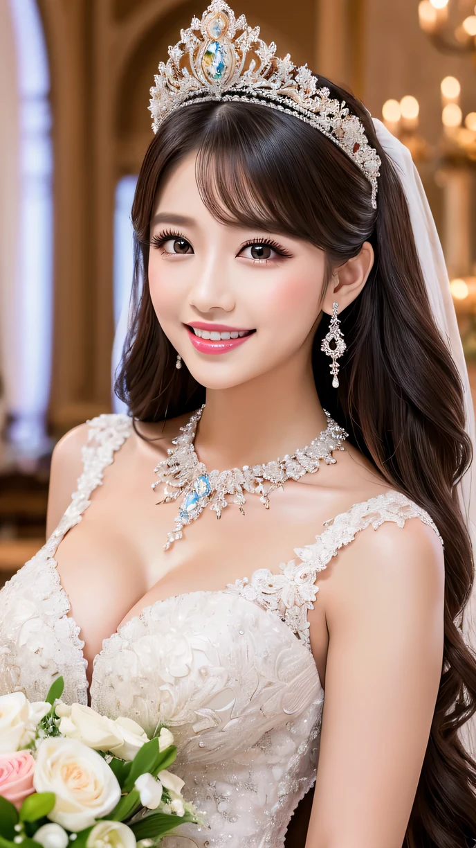 (best quality、On the table、8K、Best image quality、Award-winning works)、A beautiful bride、(Solitary:1.1)、(The most luxurious and gorgeous large wedding dress:1.1)、(Perfect wedding lace:1.2)、(The most luxurious giant crown:1.1)、(The most luxurious giant necklace:1.1)、The most beautiful smile is looking at me、A selection of the finest jewellery、(Bride's Upper Body Photo:1.1)、Perfect makeup、Long eyelashes、Ultra HD shining eyes、Ultra HD hair、Ultra high resolution glossy lips、Ultra-high resolution perfect teeth、Ultra-high resolution beauty face、(Accurate anatomy:1.1)、(Very bright and beautiful skin:1.2)、(Very bright and vivid:1.2)、(Luxury wedding venue background:1.1)