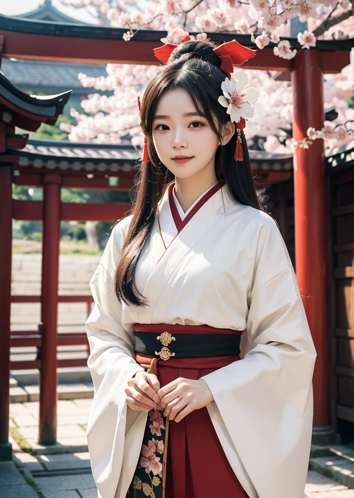 Diffuse lighting、 Highest quality, High resolution, unity 8k wallpaper、Supersaturation, colorfulに, 8k解像度, 1 female、Japanese、23 years old、Close-up portrait、Wearing a red dress,真night中、The area is pitch dark、night、full moon、moonlight、Fantasy、mysterious、Standing in front of the red torii gate、Woman with a Fan, onmyoji, onmyoji detailed art, onmyoji portrait, 4K, 8k, Vibrant, Splash Art , Onmyoji、Spirit medium、colorful, educate, onmyoji, kimono, alone, Holding, cherry blossoms, kimono, flower, furry female, hair ornaments, In-person audience, hair flower, Wide sleeves, flowerびら, Long sleeve, smile, architecture, lanthanum, White skin, east asian architecture, Hair above the eyes, Open your mouth, Outdoor, Upper body close-up、