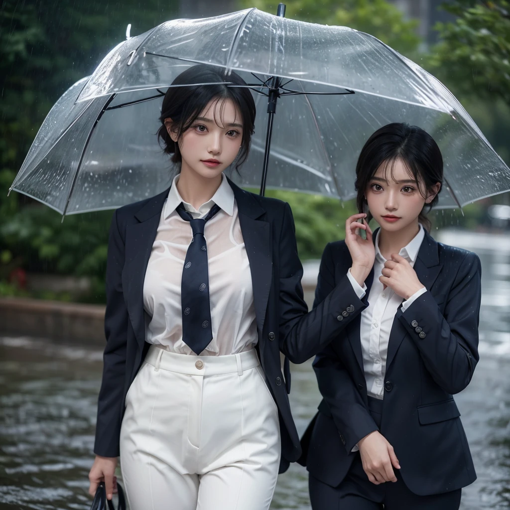 Beautiful woman getting wet in the rain、A beauty without an umbrella、typhoon、Get wet without an umbrella、Beautiful woman in the rain、雨で濡れたBeautyOL、Detailed face、Realistic、beautiful girl、Beauty、Office Lady Uniform、beauty、Beautiful woman、Narrow waist、Handsome woman、Tight pants look、suit、Sexy pose、タイトなsuitパンツ、雨で濡れたsuit、Wet shirt、See-through shirt、Shot in heavy rain、See-through underwear