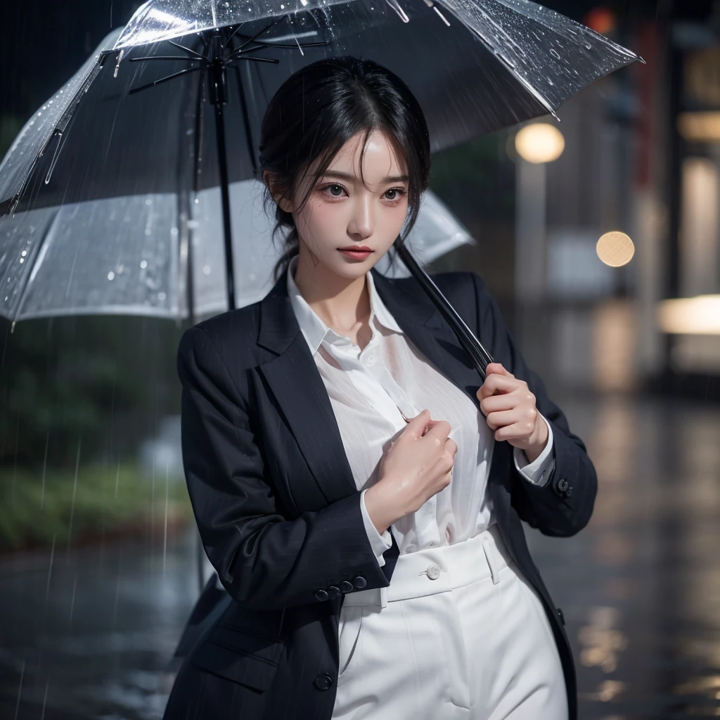 Beautiful woman getting wet in the rain、A beauty without an umbrella、typhoon、Get wet without an umbrella、Beautiful woman in the rain、雨で濡れたBeautyOL、Detailed face、Realistic、beautiful girl、Beauty、Office Lady Uniform、beauty、Beautiful woman、Narrow waist、Handsome woman、Tight pants look、suit、Sexy pose、タイトなsuitパンツ、雨で濡れたsuit、Wet shirt、See-through shirt、Shot in heavy rain、See-through underwear