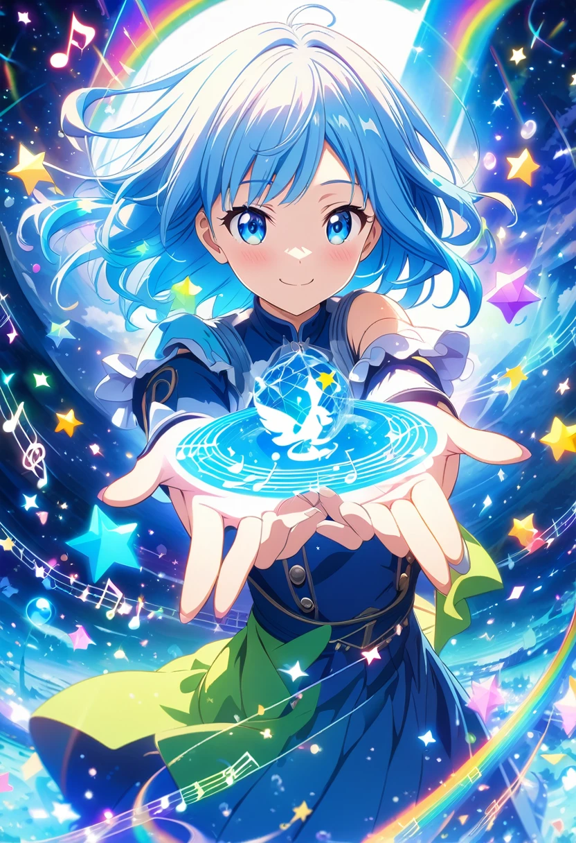 Anime style, ultra-detailed, 8K CG, blue-haired girl, smile, blue world, mysterious blue objects floating, star, musical note, rainbow