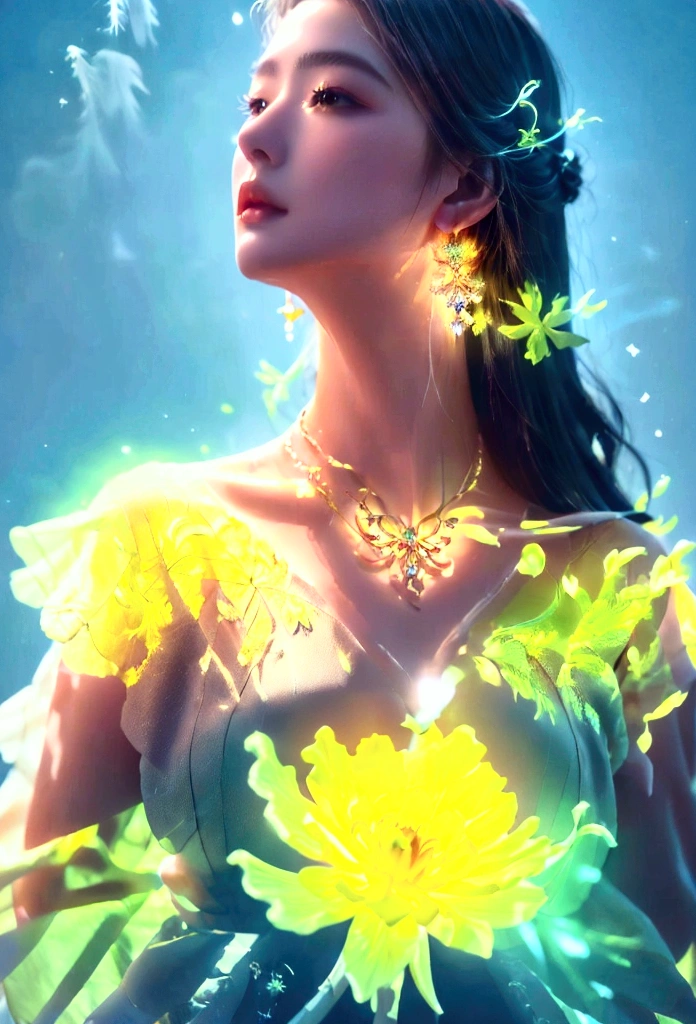 Golden accessories advertising poster, flower made of light, Shiny beautiful earrings and necklace_Center close-up angle, Mysterious background with small particles of natural light emitting light, ultra high resolution, 8k, Very detailed details, Product detailed image, surreal photo, the greatest masterpiece:1.2, Glowing white smoke spreading in the air, aura,