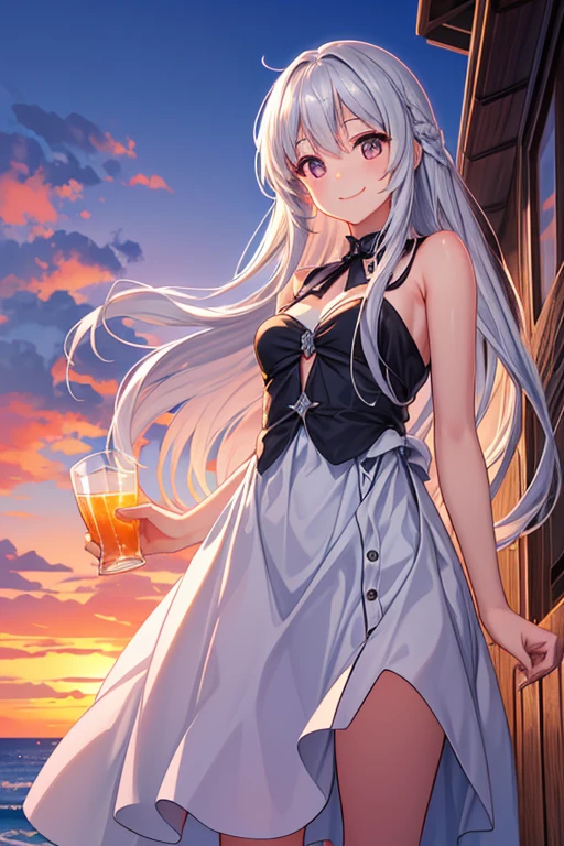 (masterpiece), (best quality), highres, kei1, 1girl, solo, blue eyes, long hair, (wears a white Venezuelan dress), ribbon, bangs, collarbone, (gray hair), black hair band, neck ribbon, hair between eyes, medium breasts, cowboy shot, smile, (anatomically correct full body), this inside a Venezuelan house, detailed full escenario