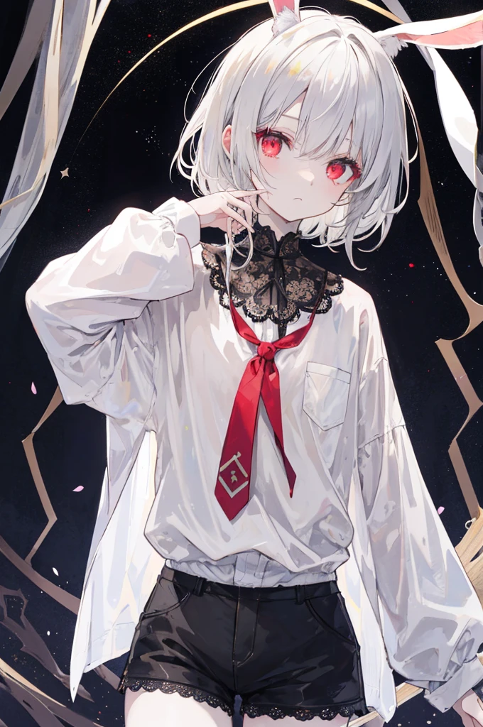 masterpiece, Highest quality, High resolution, One boy, Cream colored hair, Gray Hair, Pearly hair, Nice boy, Bunny ears, Loose-fitting clothing, Larger clothes, dark red eye, eyeの下のたるみ, dark circles under eye, やみcute, Fluffy hair, Voluminous Hair, skinny, slim, very skinny, Androgynous, cute, Spooky, short hair, Horror, Faded colors, White skin, Spooky, Unnaturally thin, Hungry, eye, eye in background, sharp eye, Long eyelashes, Under the lashes, Loose shorts, lace shirt, Frilled shirt, tie a ribbon around one&#39;s neck, Detailed clothing, A loose cardigan, Open cardigan, Dripping Blood, That&#39;s horrible, nightmare, Haunted, stitch, patchwork, String, Injury, hell, Injury on arms, self-harm, cut, Black Fingers, factory, Abandoned, Scattered