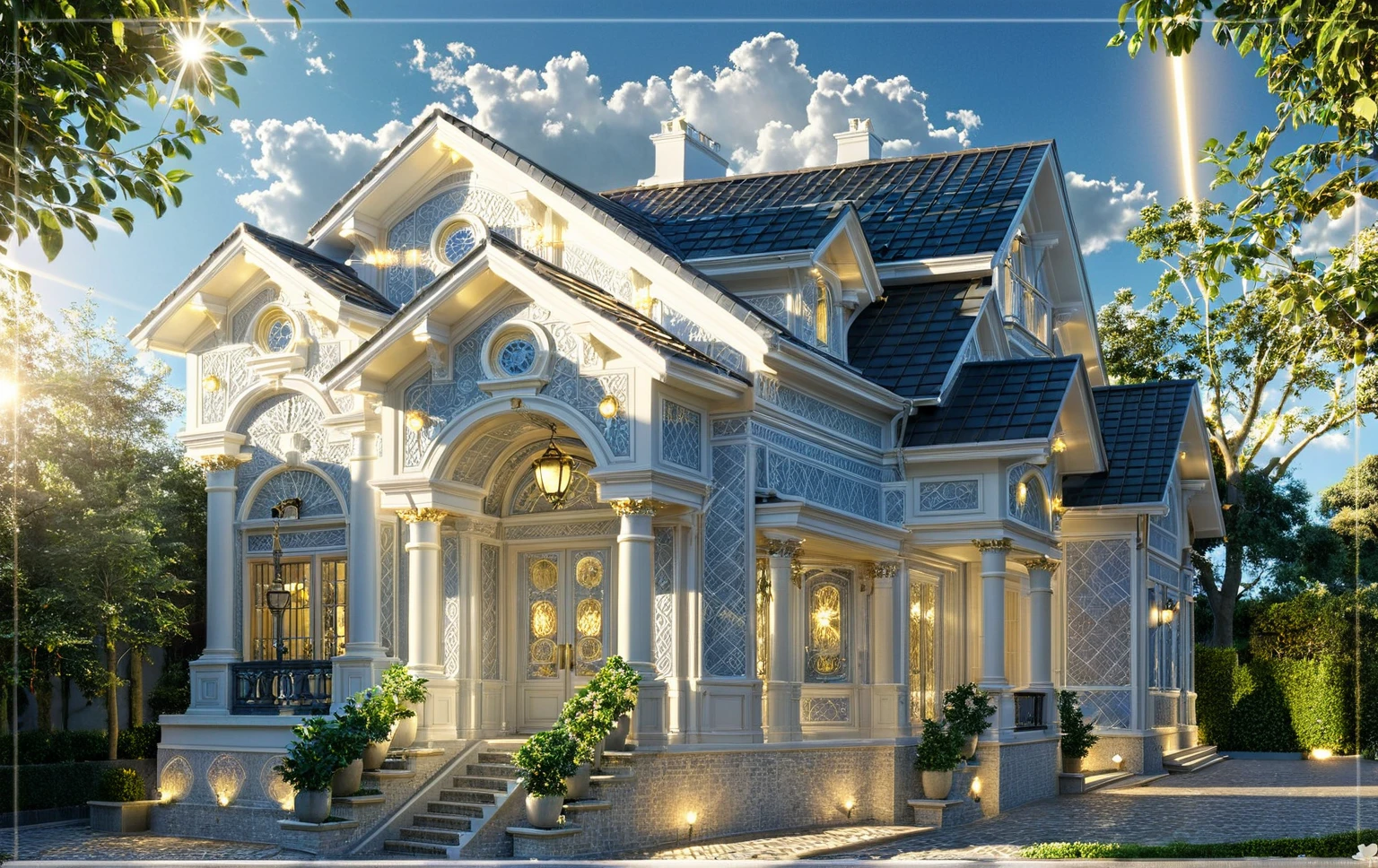 ,Masterpiece, Best quality,8K, Ultra-high resolution,Immediately surrounded by a rich atmosphere of luxury white-off ornaments。Whenever it is late afternoon,The afterglow from the window spilled on the floor,Soft light and shadow are reflected,It was as if entering a dreamland, Architectural style Architectural style, ((Classic Style House)),(masterpiece) , ((best quality)), dramatic lighting, high quality outdoors, sky, day, cloud, tree, blue sky, building, scenery, road, real world location, sunlight, enough detail, high resolution,super realistic, Photorealistic, highly detailed, balcony, door, car, truck, parking slot, paving, . Clean lines, architectural drawing, highly detailed , . Clean lines, geometric shapes, architectural drawing, highly detailed, (( round column : 1.3 )), round pillar..