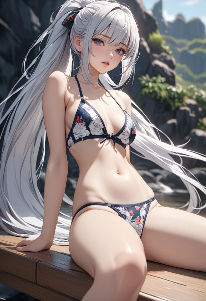 ultra detailed, hyper detailed, best quality, highres, 4K , master piece, 1 female, 17-year-old, swimsuit, silver hair, hime cut, ponytail, very long hair