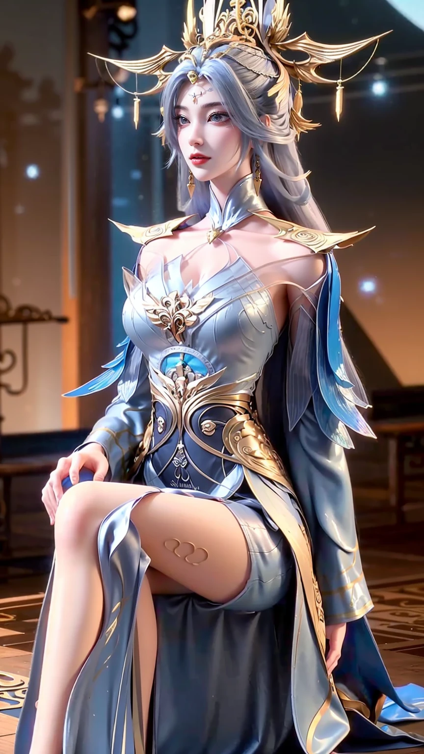 cheongsam,((whole body)), ((Sitting)), ((The hem is long, Sexy long legs)), ((Bare shoulders)),model, Young beautiful girl, Striking an elegant pose, Charming pose, Heat and cold, Beautiful and delicate eyes, Full breasts, slim body, Features, masterpiece, best quality, official art, Rich details, Clear face, Professional lighting, Physically based rendering, Necklace, Light makeup，Starry sky background，Sitting on the stars