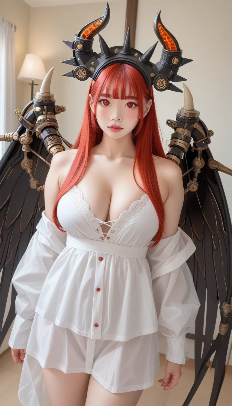 score_9_up, score_8_up, score_7_up, score_6_up,top-quality、masterpiece、超A high resolution、(Photorealsitic:1.4)、Raw photo、1人、red hairs、glowy skin、1 Machine Devil、large metal wings、Metal horn、((super realistic details))、portlate、globalillumination、Shadow、octan render、8K、ultrasharp、Colossal 、Raw skin is exposed in cleavage、Black fiberglass body、Details of intricate gilded ornaments、Steampunk details、Glowing LEDs、Hydraulic cylinder、highly intricate detail、Realistic light、Red Eyes、radiant eyes、Facing the camera、neon details、Mechanical limbs、cowboy shot、Small LED lamp、Orange Character Catch Light、