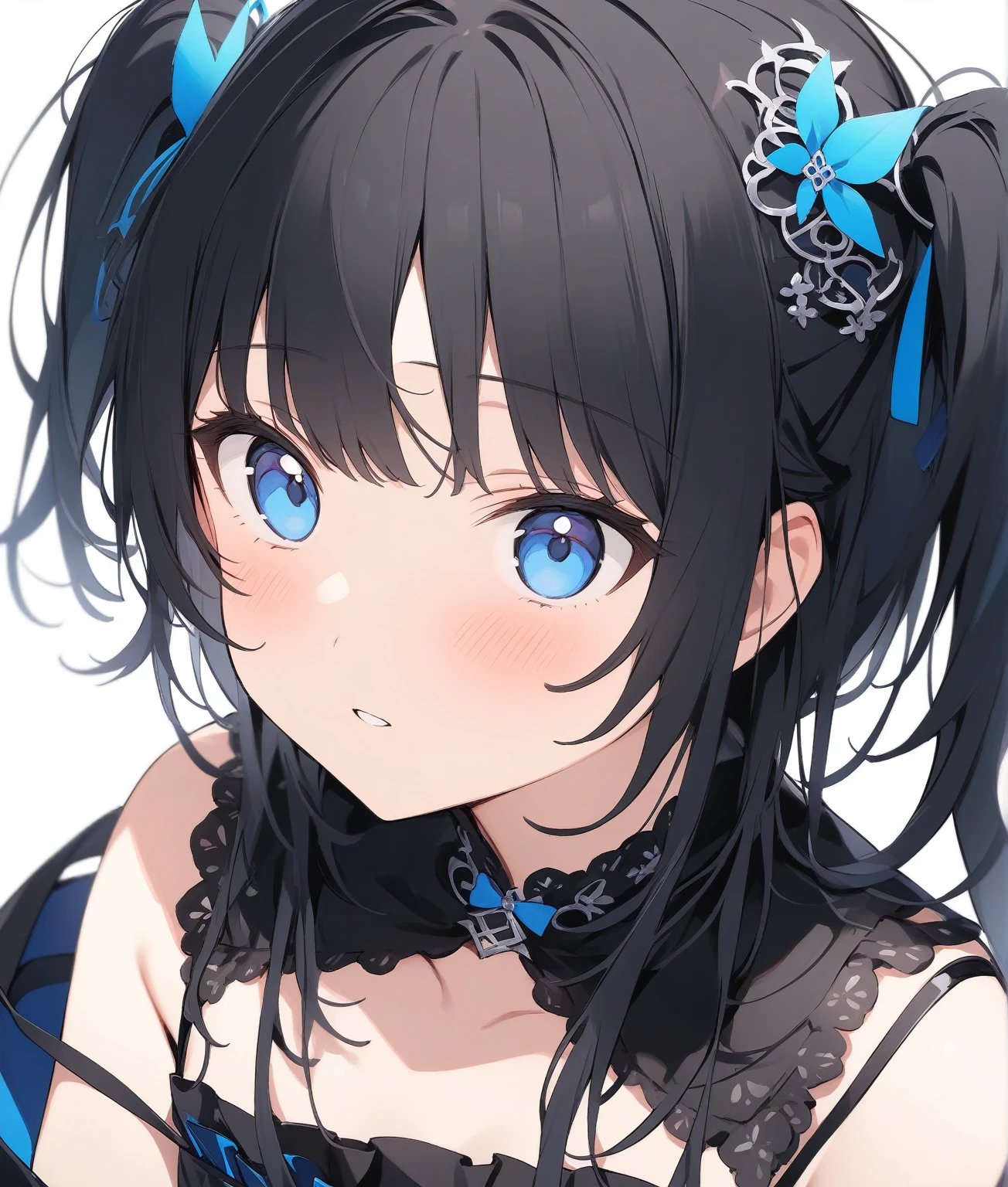 high quality、(8K quality),(((最high quality))), 、White Background、Black Hair、Both sides up、blue eyes、B girl fashion、Ephemeral、Head ornament、((Sexual))