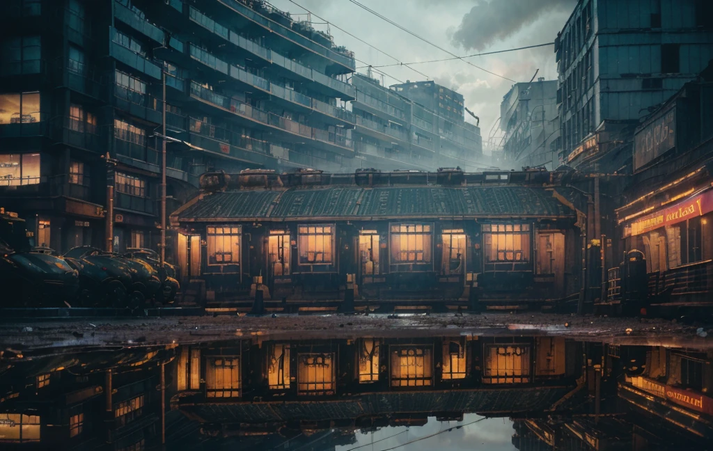 (((Vaporpunk))),City,(((crowded building))),exposed cogs and pipes,(((dim lights))),flooded ground,((cogs)),((Thick pipe)),covered bridge,The perspective is bottom-up, Reflects the height of the building,dark weather,smoking chimney,(((Mechanical devices))),((Interlaced wires)),crowded City,irregular buildings