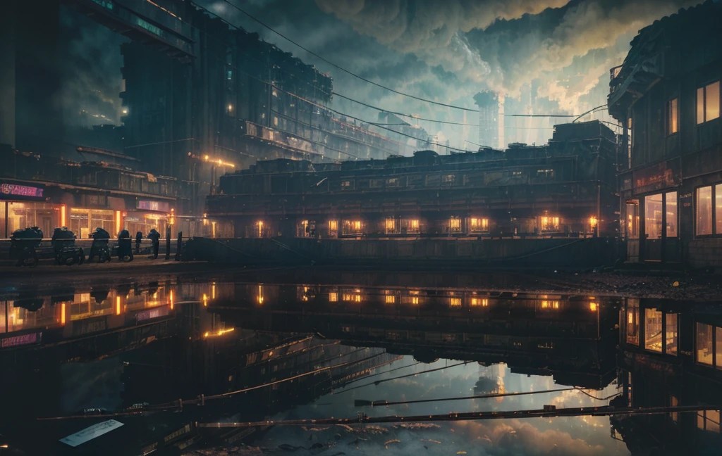 (((Vaporpunk))),City,(((crowded building))),exposed cogs and pipes,(((dim lights))),flooded ground,((cogs)),((Thick pipe)),covered bridge,The perspective is bottom-up, Reflects the height of the building,dark weather,smoking chimney,(((Mechanical devices))),((Interlaced wires)),crowded City,irregular buildings