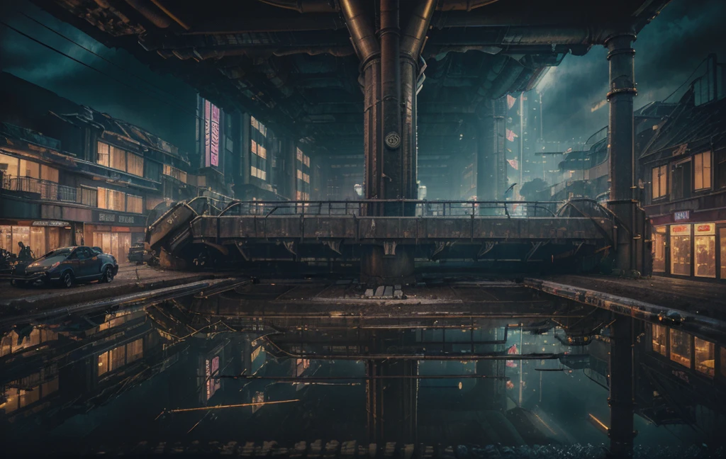 (((Vaporpunk))),City,(((crowded building))),exposed cogs and pipes,(((dim lights))),flooded ground,((cogs)),((Thick pipe)),covered bridge,The perspective is bottom-up, Reflects the height of the building,dark weather,smoking chimney,(((Mechanical devices))),((Interlaced wires)),crowded City,irregular buildings