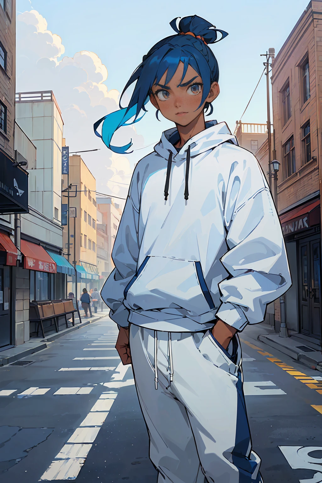 ((masterpiece,best quality,1boy,male focus,masculine,looking at viewer,solo,closed mouth,teenager,muscle,muscular)),((((navy blue hair,topknot hair,manbun)))),((colorful golden eyes,perfect eyes,glowing eyes,perfect face,calm demeanor)),(((modern clothing,white sweatshirt,white jogger pants,white jordans,dark skin color,standing still,caramel skin color))), ((city background,buildings,stores,street,afternoon,cloudy sky))