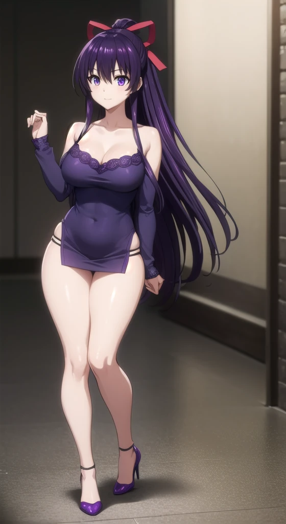 tohkayatogami, tohka yatogami casual, long hair, purple hair, alluringly smile , Long-Sleeve Scoop Neck Plain Mermaid Evening black Gown,(purple eyes:1.1), hair ribbon, ponytail, purple hair, white ribbon, E cup breasts, bewitched thighs, slender waist, plump butt , high heels 
BREAK ,
BREAK daylight ,alone, 
BREAK looking at viewer, standing, elegant poses , full body view 
BREAK (masterpiece:1.2), best quality, high resolution, unity 8k wallpaper, (illustration:0.8), (beautiful detailed eyes:1.6), extremely detailed face, perfect lighting, extremely detailed CG, (perfect hands, perfect anatomy),