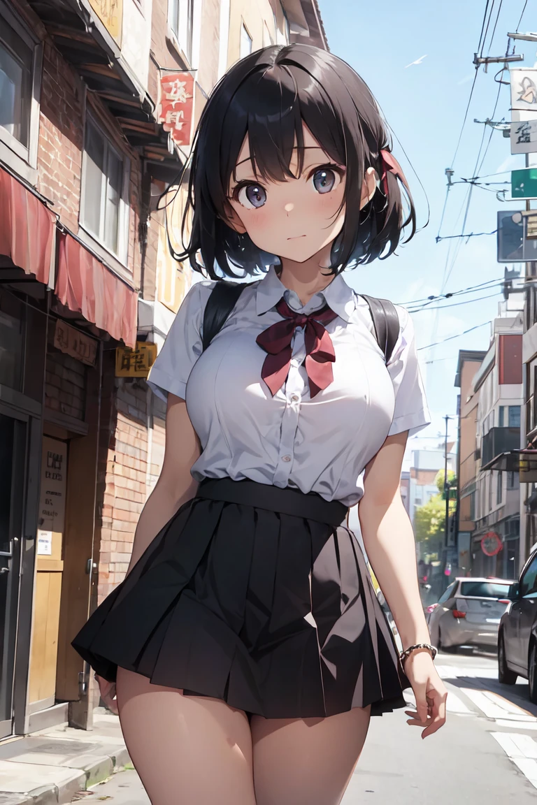 View from below、Embarrassed、Big breasts,Roll up the sleeves of your skirt to show your panties、NUDE、Black Hair、short hair、Hair Ribbon