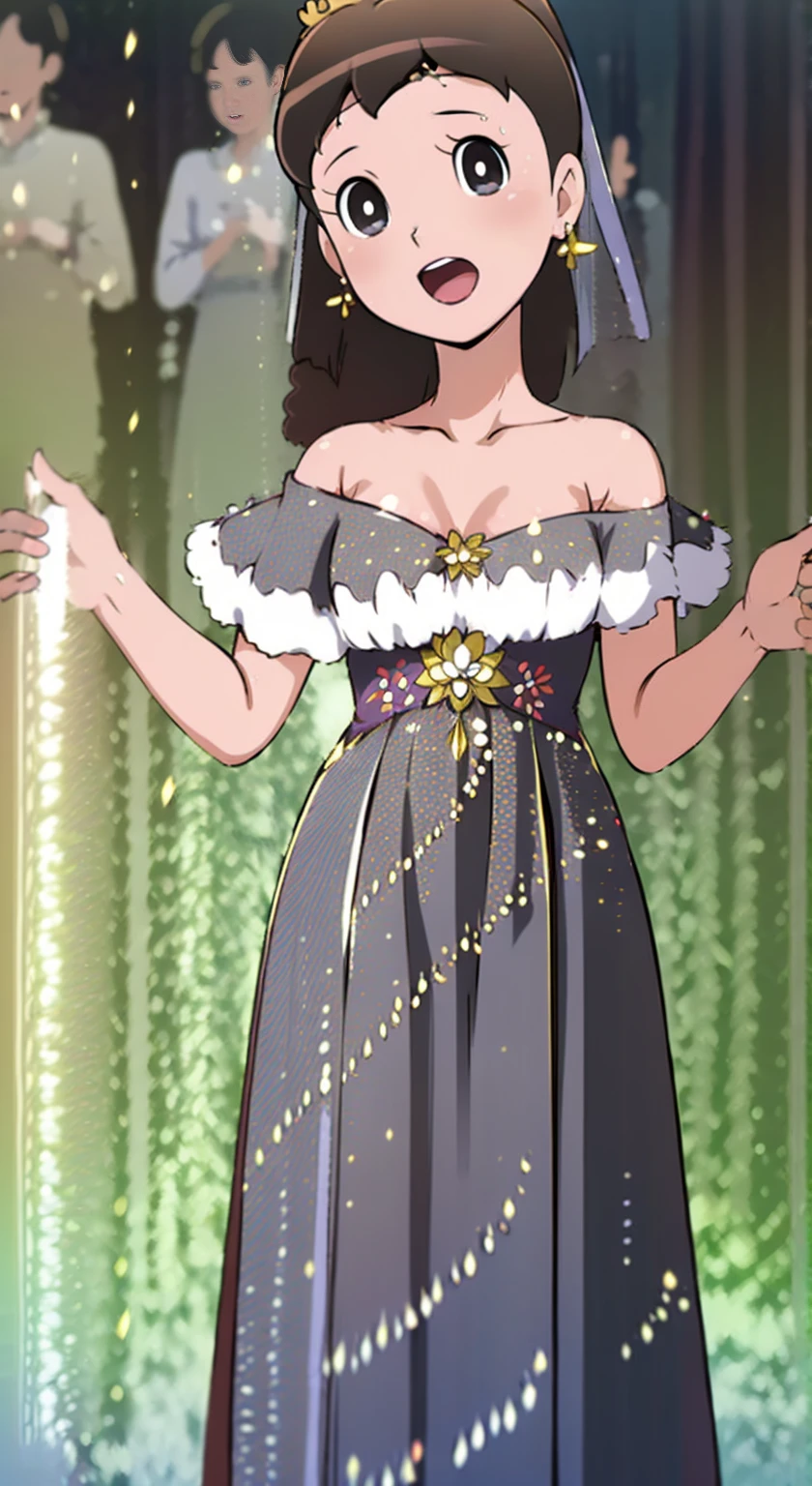 (Masterpiece), best quality, highest quality, highly detailed CG unity 8k wallpaper, original, high resolution, (depth of field: 1.5), fidelity: 1.3, breasts, bride portrait style, 1 girl, curtains, veil , bridal veil, wedding dress, curtains, jewelry, solo, earrings, teeth, bride, black_hair