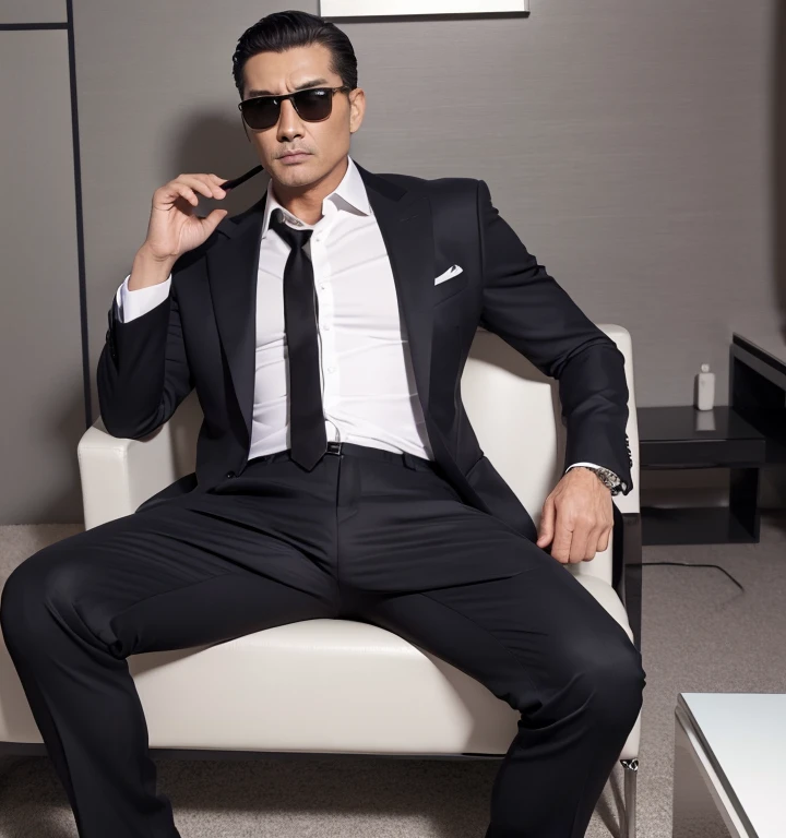 50 years old,One Man,Grey suit,mafia、Bedroom,legs wide open,Boss sitting、The crotch area of the pants is bulging,logic,Gay ,Very short slicked back hair,Stubble,Asian Faces,Handsome Dad,Black sunglasses。chest hair。Scream。