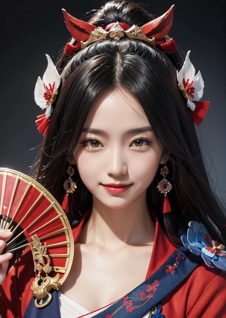Diffuse lighting、 Highest quality, High resolution, unity 8k wallpaper、Supersaturation, Colorful, 8k解像度, 1 female、Japanese、23 years old、Close-up portrait、Wearing a red dress，With an invincible smile、Woman with a Fan, onmyoji, onmyoji detailed art, onmyoji portrait,  4K, 8k,  Vibrant, Splash Art , Onmyoji、Spirit medium、
