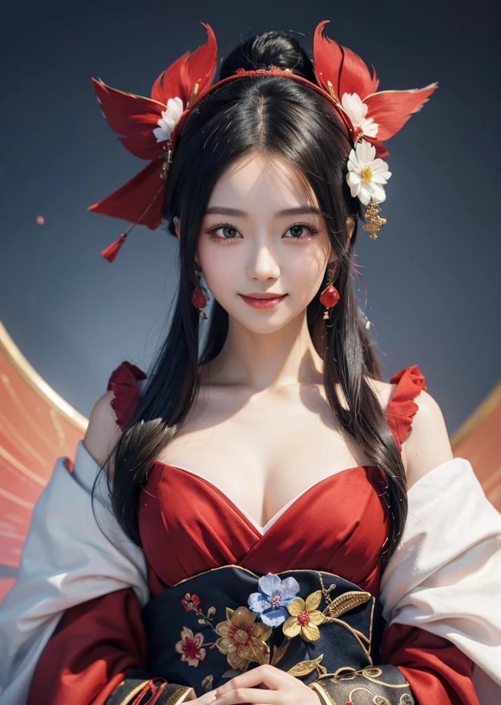 Diffuse lighting、 Highest quality, High resolution, unity 8k wallpaper、Supersaturation, Colorful, 8k解像度, 1 female、Japanese、23 years old、Close-up portrait、Wearing a red dress，With an invincible smile、Woman with a Fan, onmyoji, onmyoji detailed art, onmyoji portrait,  4K, 8k,  Vibrant, Splash Art , Onmyoji、Spirit medium、Upper body close-up、

