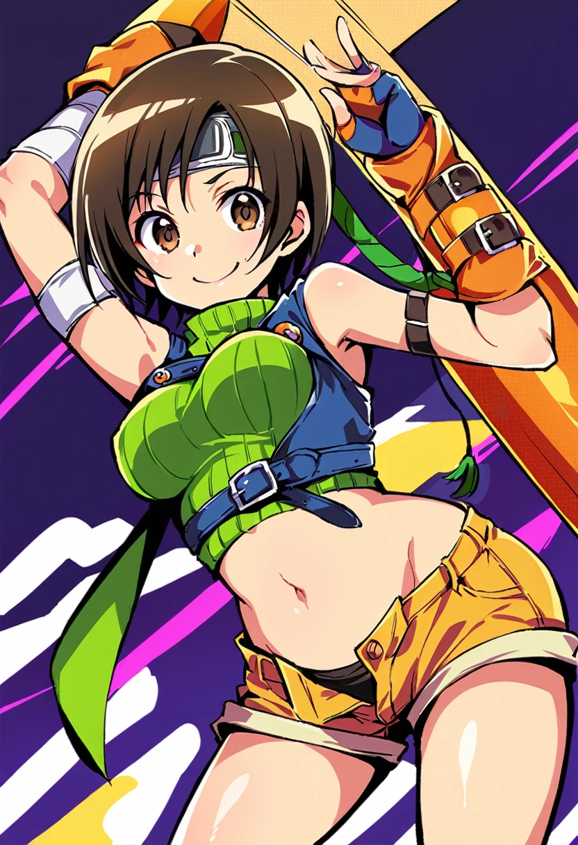 score_9, score_8_up, score_7_up,,BREAK , from below,below view.,mediumshot,(arm up),looking_at_viewer,soro focus,1girl, yuffie kisaragi, final fantasy, short hair,headband,navel,sleeveless,turtleneck,brown eyes,sleeveless turtleneck,solo,breasts,looking at viewer,smile,gloves,crop top,brown hair,shorts,midriff,,sweater,open fly,armor,fingerless gloves,ribbed sweater,medium breasts,,smile,smug,best quality,aesthetic,very aesthetic,masterpiece,(high-resolution), Vector graphics,(Line of sight)