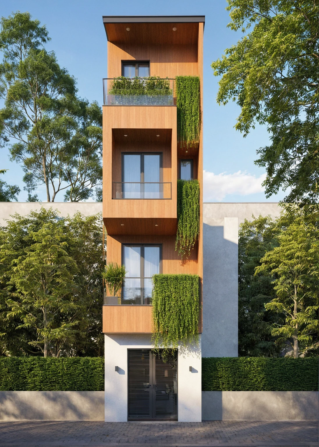 photo brute,head of&#39;artwork, high quality, best quality, Authentique, Great detail,
Outside, En plein air, style de maison moderne dans la rue, glass windows, grille, wooden ceiling,
road,pavement, trees, sky, nuvens, (day light:1.1)