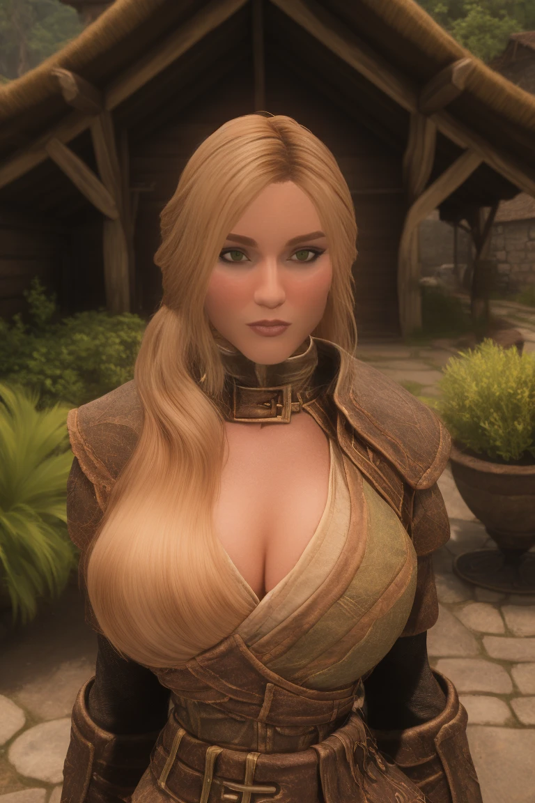 1 girl, masterpiece, 32 yo, femalebreton beauty sits outdoors in a rustic Skyrim village, surrounded by thatched roofs and lush greenery. The sun casts a warm glow on her porcelain skin as she gazes directly into the camera lens, her piercing green eyes sparkling with a hint of mischief. Her raven tresses cascade down her back like a waterfall, framing her heart-shaped face. A gentle smile plays on her lips, inviting the viewer to step into her whimsical world. blonde hair, fit body, (female front body view:1.3), (looking straight at the viewer:1.3)