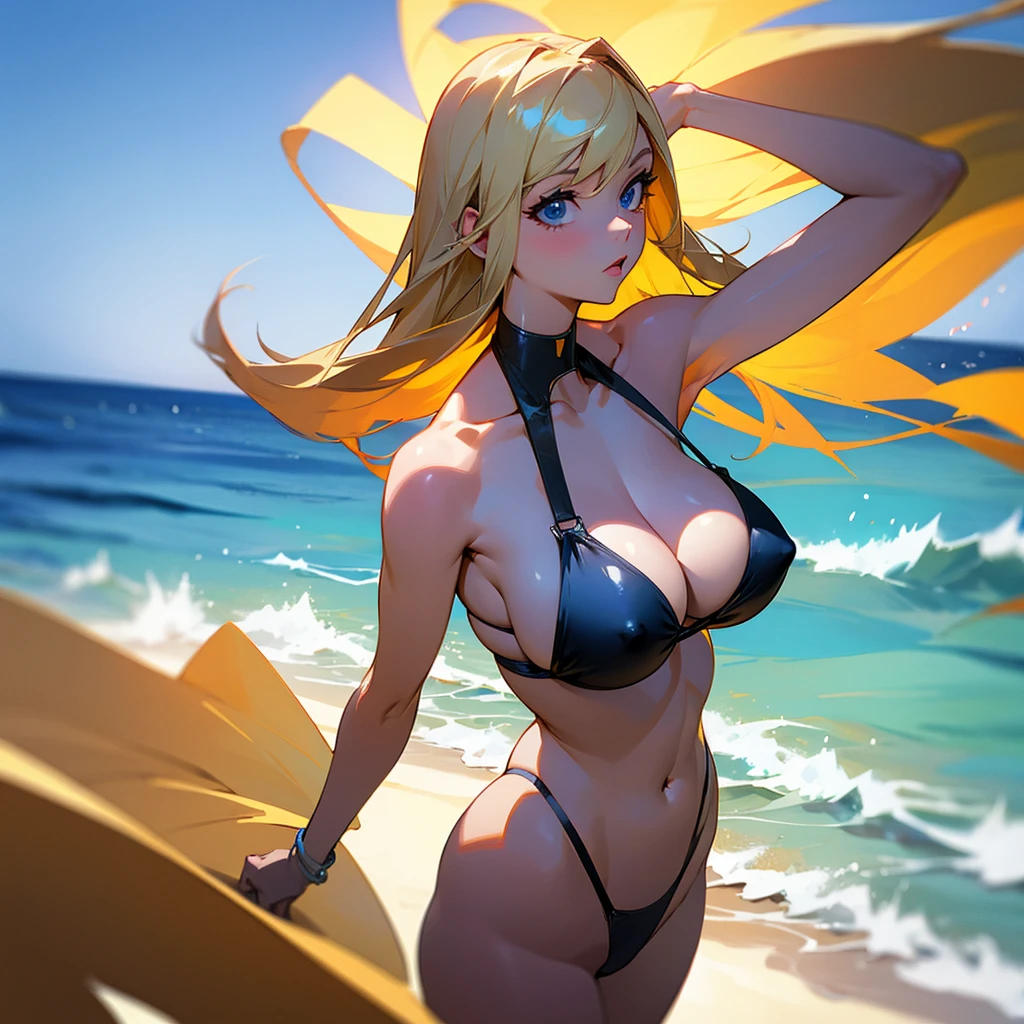 Blonde girl in  with  stands on the beach