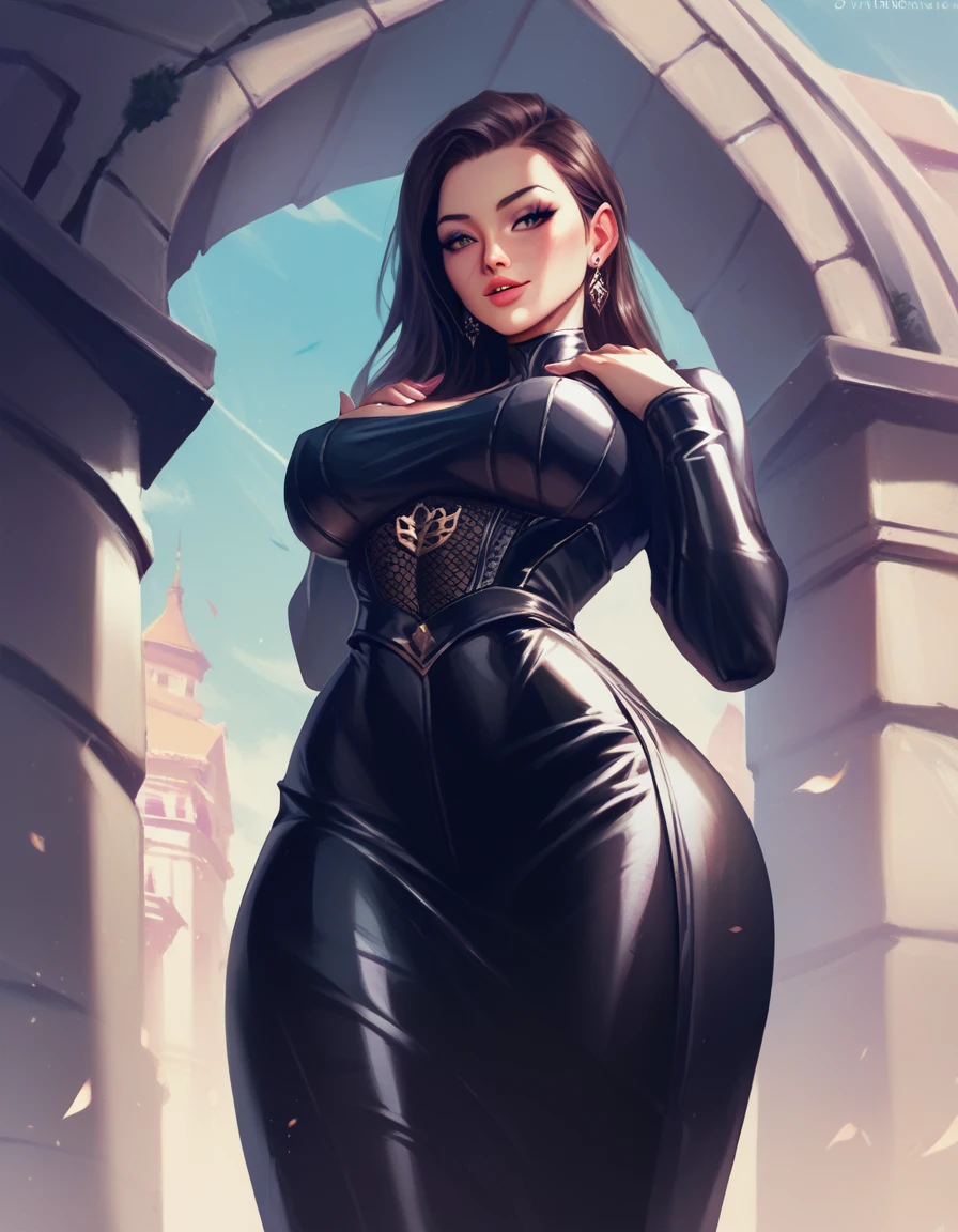 1 woman, age:45, wearing a skin tight long dress without and sleeves. The dress has a pretty deep neck cut. The dress has 1 slit on both side till her waist, breast size is enormous, huge buttocks, very wide waist, unrealistic