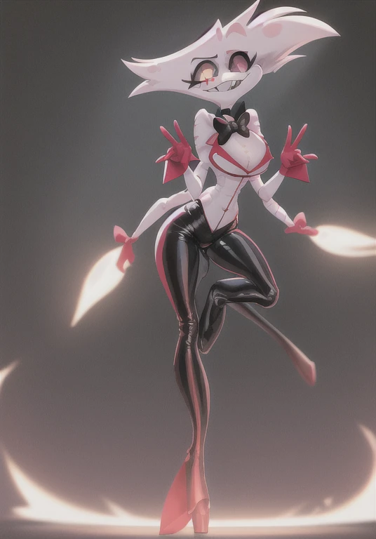 (Best quality, masterpiece:1), fluffy, antro, Angel dust, 4 hands, white fabrics , thigh boots, Gold Tooth, huge bun on chest, necklace, the bow tie, , red gloves, Smirk, hourglass figure with sharp teeth, trousers, butler fabrics, noble fabrics,mixing, light reflection, Ray tracing, Backlight, blossom, mixing, falling shadow, granularity, Fill an image, Fujikos, halftones, movement lines, optical illusion, anaglyph, stereogram, express lines, vignetting, scan lines, uhd, retina, masterpiece, accurate, Anatomically correct, textured leather, super detail, high detail, high quality, award-winning, Best quality, a high resolution, boots,Look-up table, standing, full body, barges, trousers, tights, телоsuit,