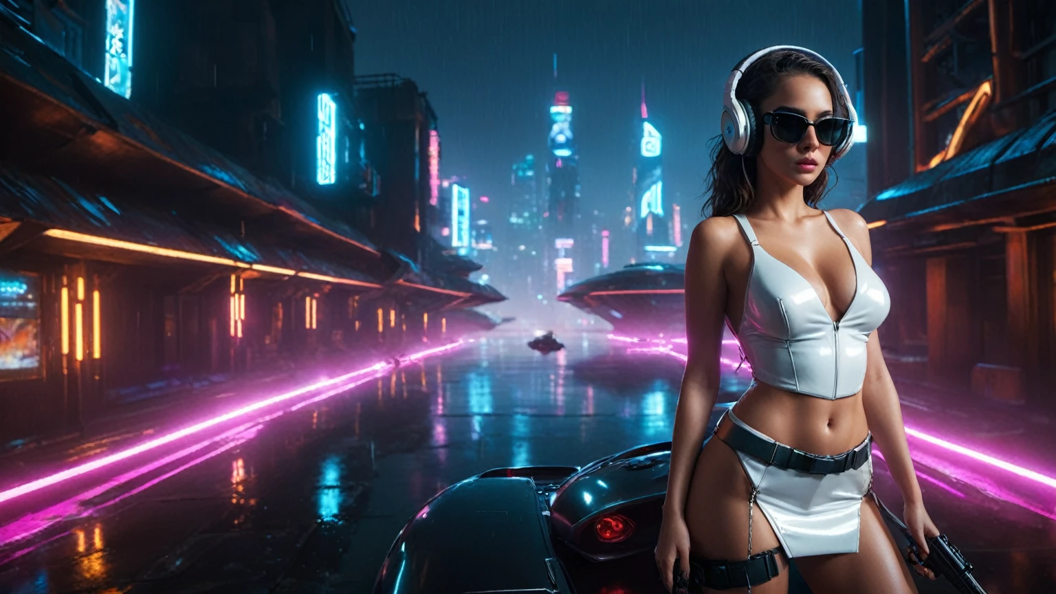 (aerial view, a (flying cars):1.8 docking platform, a very dark abandoned futuristic city, neon lights), rainy night. (((1girl, solo, alone))), large-breast:1.2 slim body, cleavage:1.1, sexy wind blowing wet dress:1.4, (((headphone, black sunglasses, standing and holding pistol:1.8, dynamic seductive pose))), (((((half-body thigh level medium shot))))), cinematic lighting, lens flare, ray tracing.